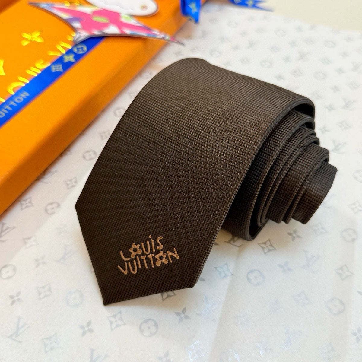 Louis Vuitton Style Men's Embroidered Logo Silk Tie