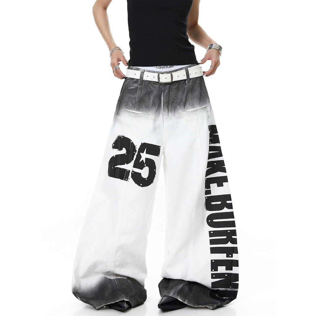 Vintage 3D Print Pearl Chain Curved Baggy Wide Leg Jeans Streetwear