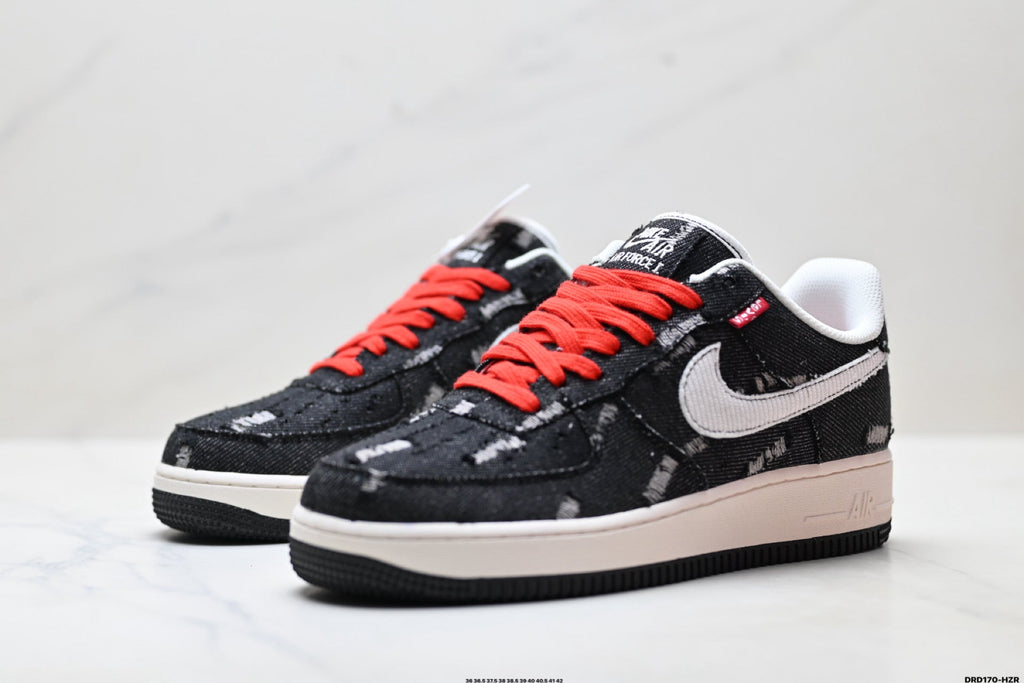 Nike Air Force 1 Low Black White Red Lace Unisex Sneakers Style 03