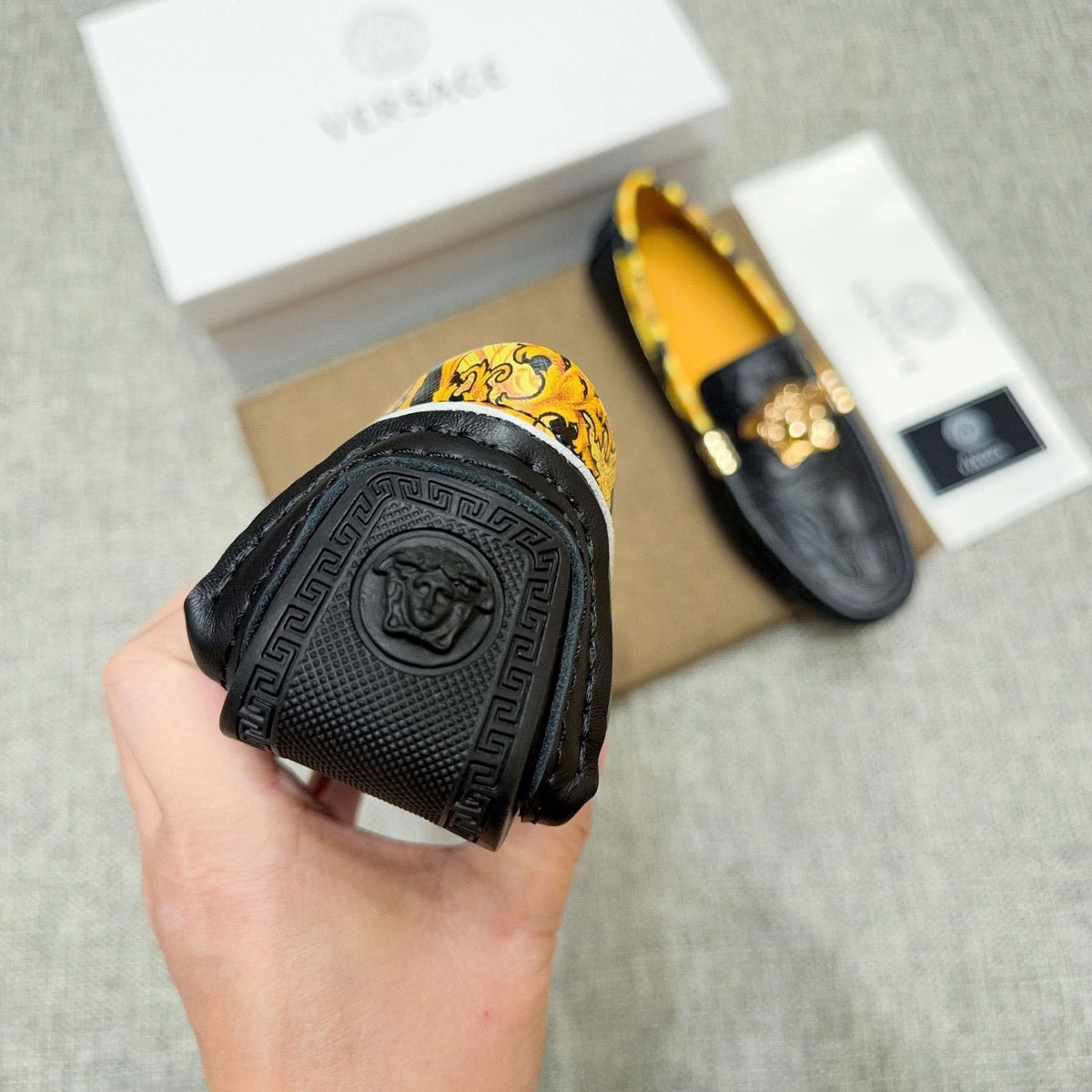 Versace Men's Black Gold-Tone Hardware Loafers - Embossed Texture