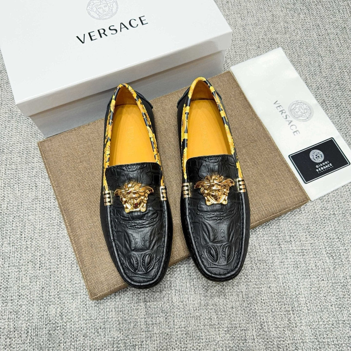 Versace Men's Black Gold-Tone Hardware Loafers - Embossed Texture