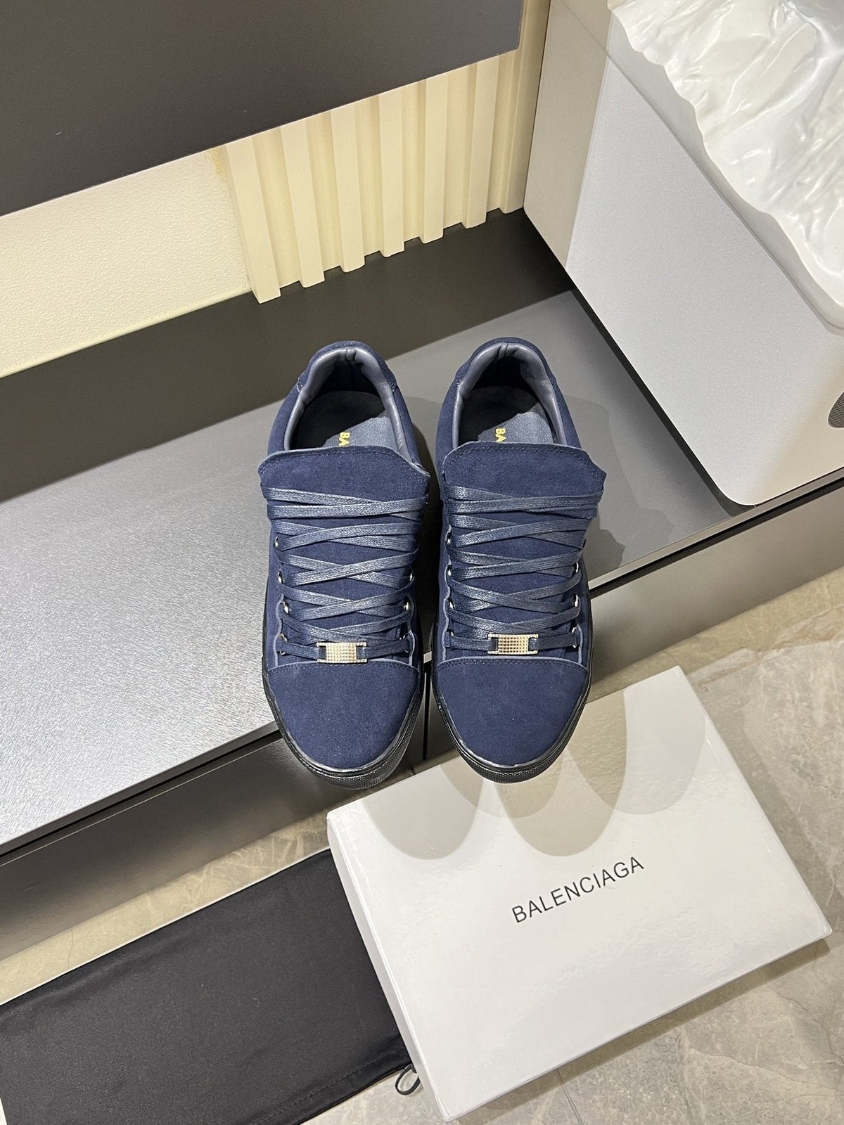 Balenciaga Navy Blue Textured Low-Top Sneakers