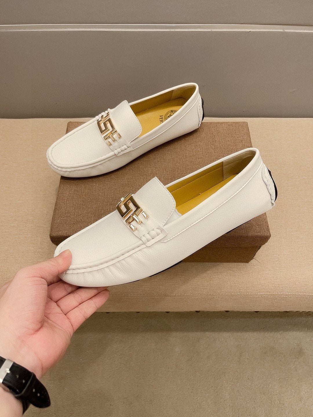 Versace Cream White Gold-Tone Loafers