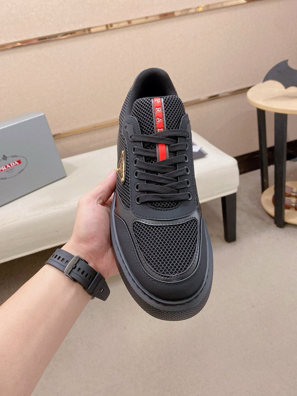 Prada Men's Red Accent Low-Top Sneakers