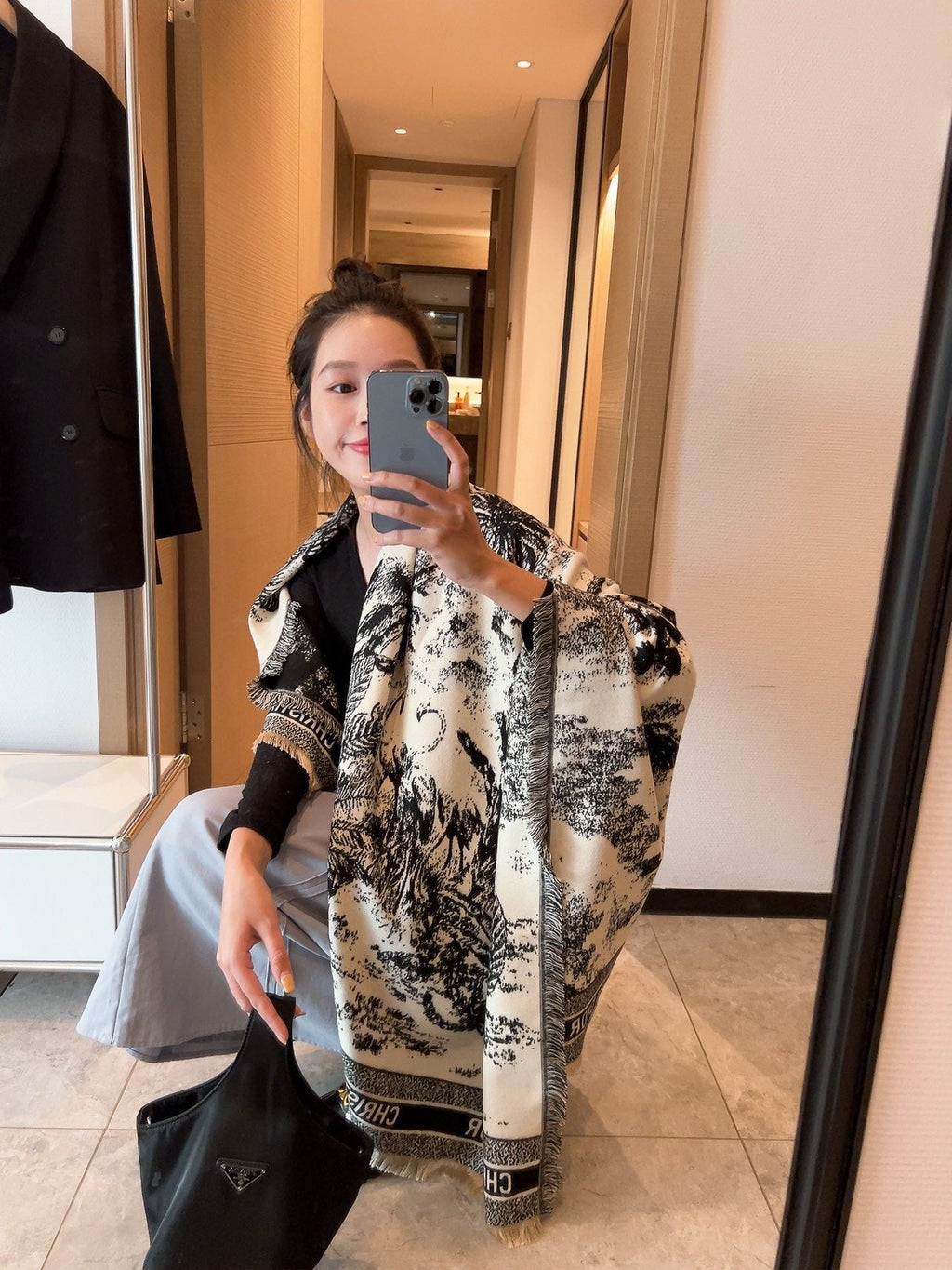 Dior Botanical Print Fringe Square Scarf