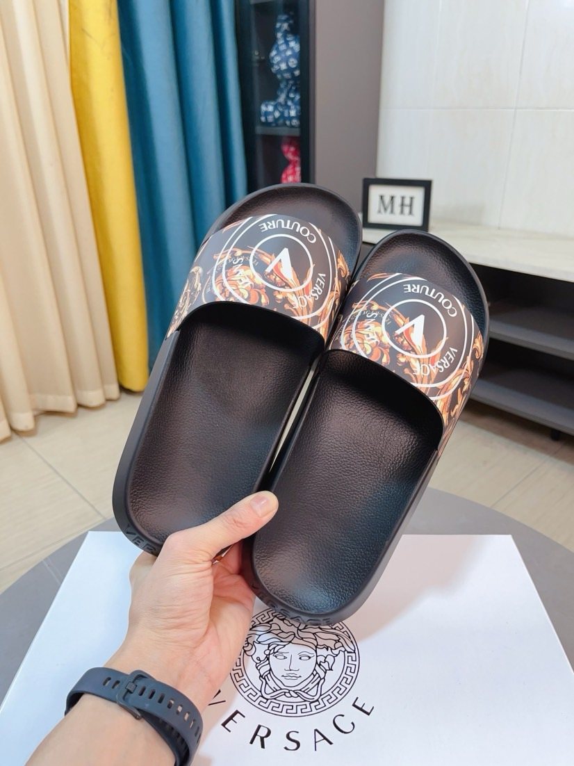 Versace Men's Baroque Print Slide Sandals - Wide Printed Strap